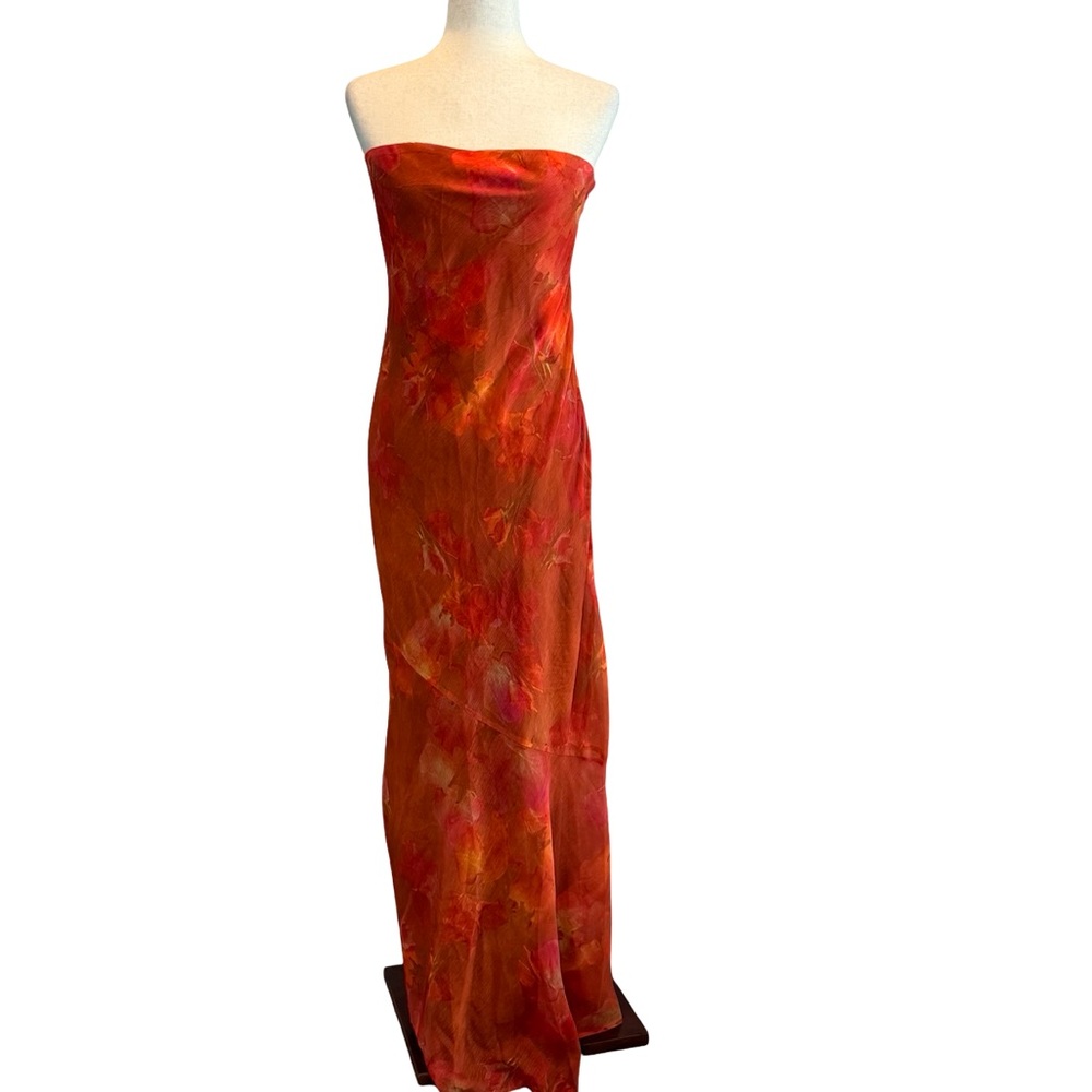 Peppermayo Strapless Red-Orange Abstract Maxi Dress SZ 8